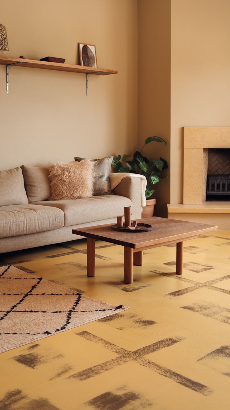 A cozy living room featuring warm beige epoxy flooring with a sofa, coffee table, and decorative elements.