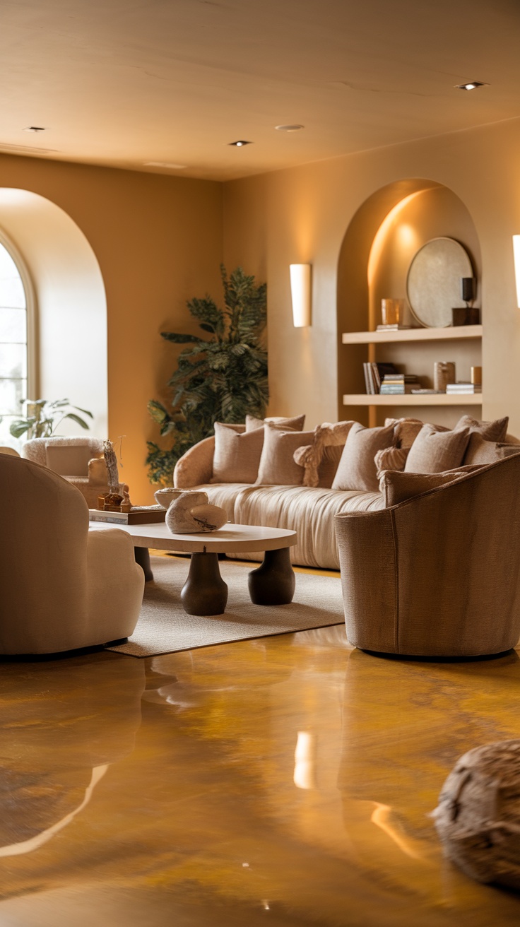 Cozy living room with warm-colored epoxy floor and neutral-toned furniture