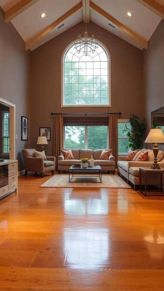 Cozy living room featuring warm color epoxy floor and stylish furniture.