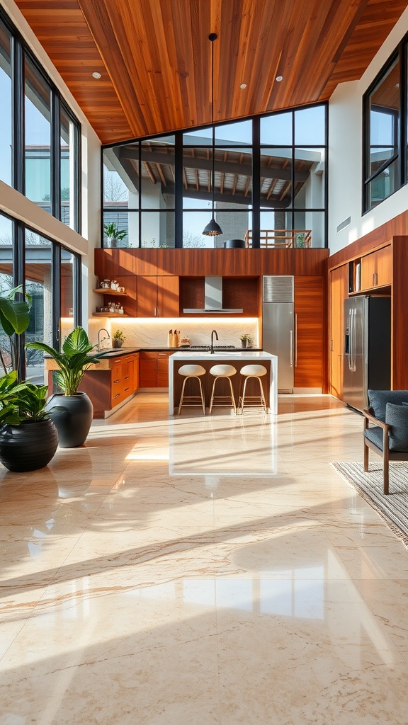 A modern kitchen featuring warm earth tones, rich wood cabinetry, and an elegant epoxy floor.