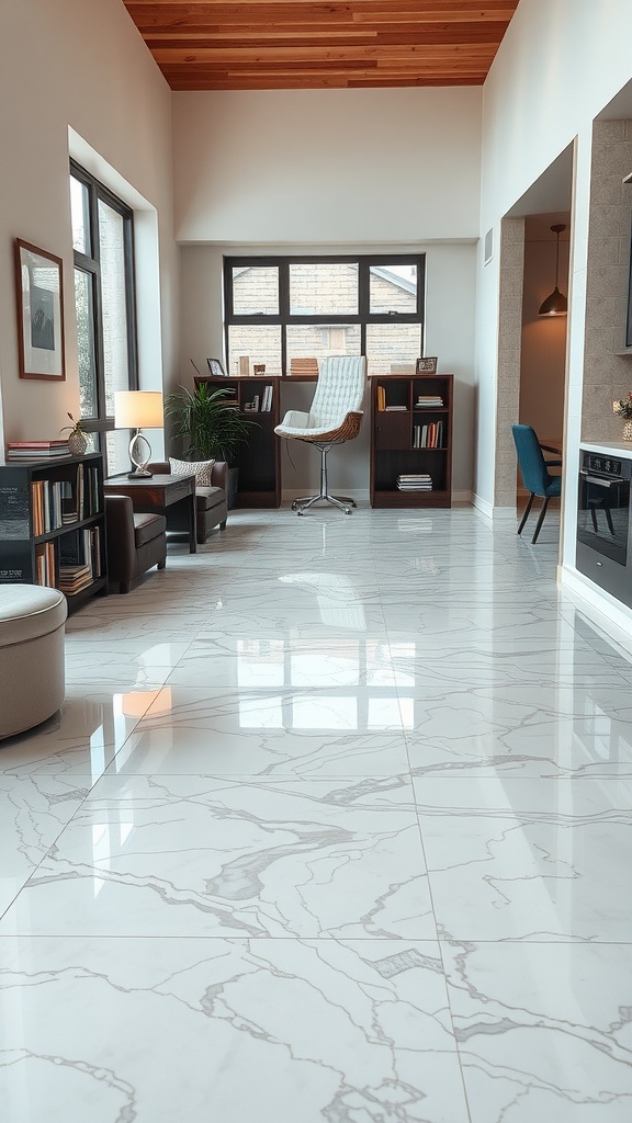 Living room with marble epoxy flooring and wooden ceiling