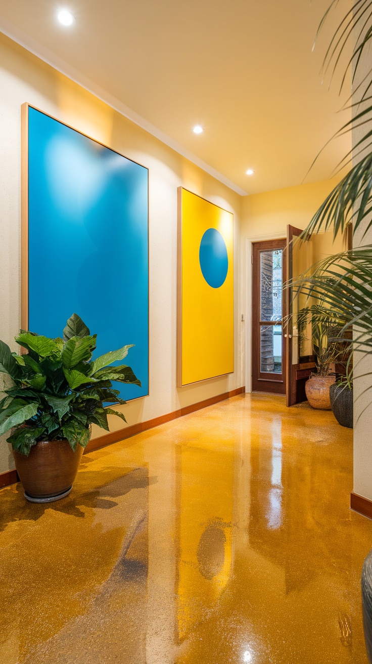 A hallway featuring warm golden yellow epoxy flooring, complemented by blue artwork and lush greenery.