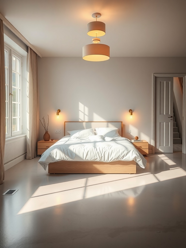 Cozy bedroom with warm lighting and soft decor, featuring a bed, light fixtures, and matte epoxy floors.