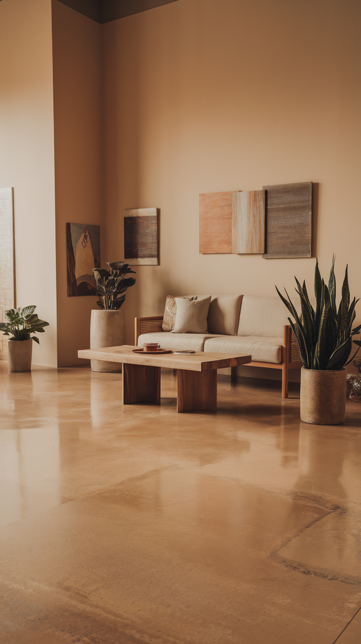 Cozy living room with warm neutral tones and epoxy flooring.