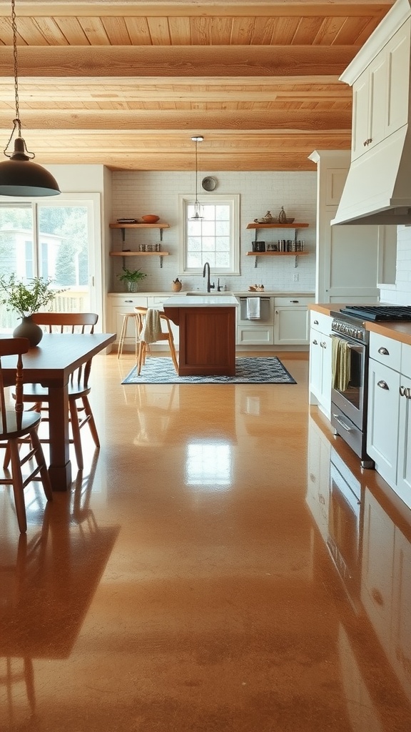 Living room with warm neutral tones and glossy epoxy flooring