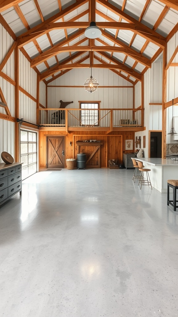 Interior of a barn featuring warm neutrals and a polished epoxy floor.