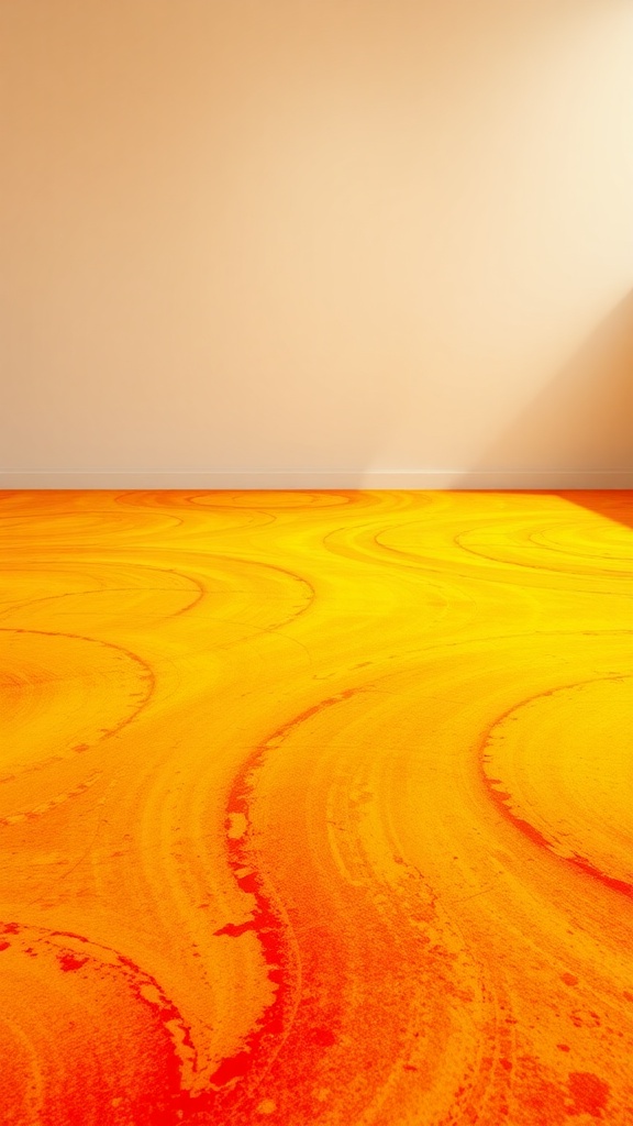 A floor featuring a warm sunset gradient with swirls of orange and yellow.