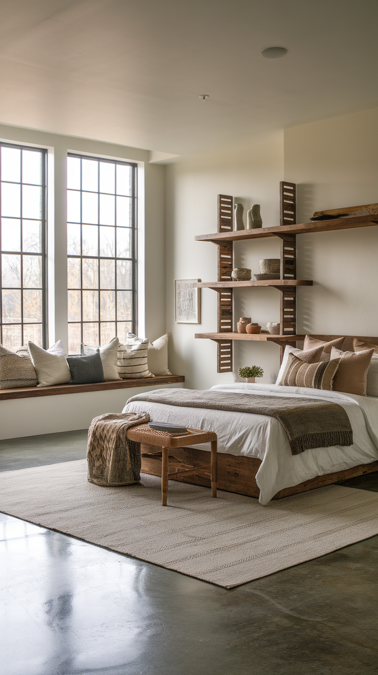 Cozy bedroom featuring warm taupe and terracotta colors, polished concrete floors, and rustic wood furniture.