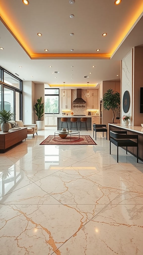 A spacious living area featuring warm taupe epoxy floors with gold highlights.