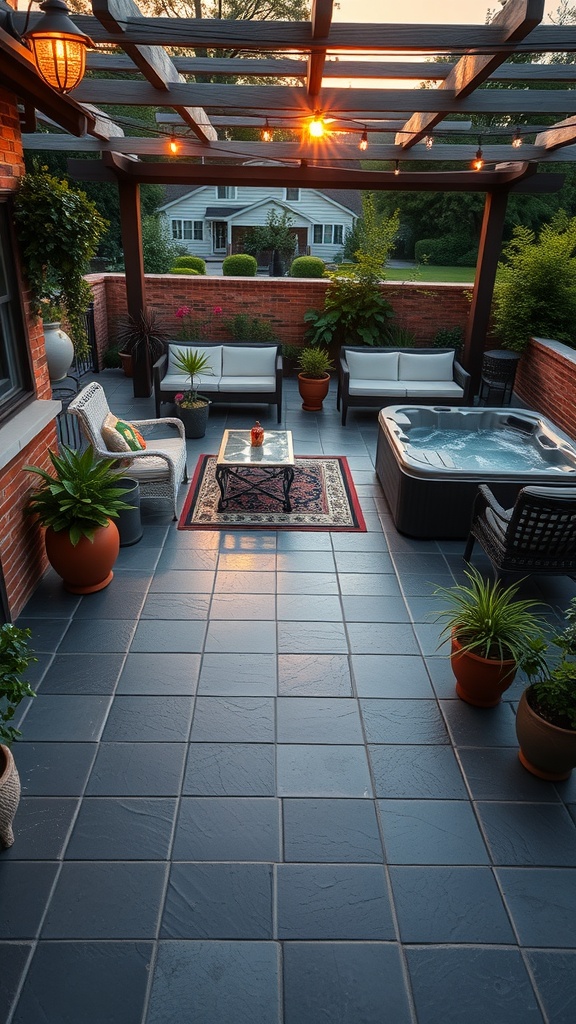 A beautifully designed patio with dark gray stamped concrete, cozy seating, and lush greenery.