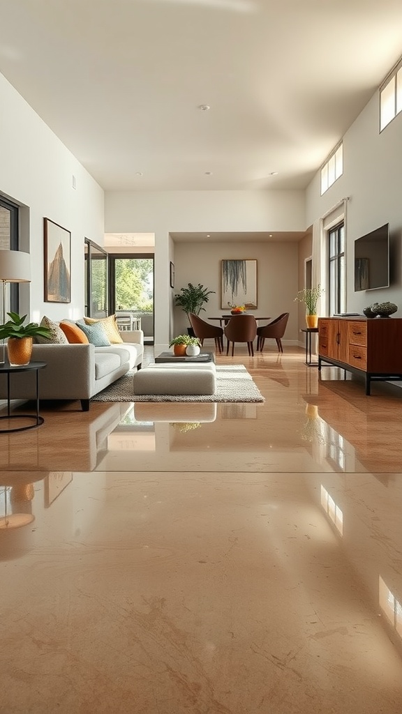 A living room with warm tone polished concrete flooring, featuring a cozy setup with a sofa and dining area.