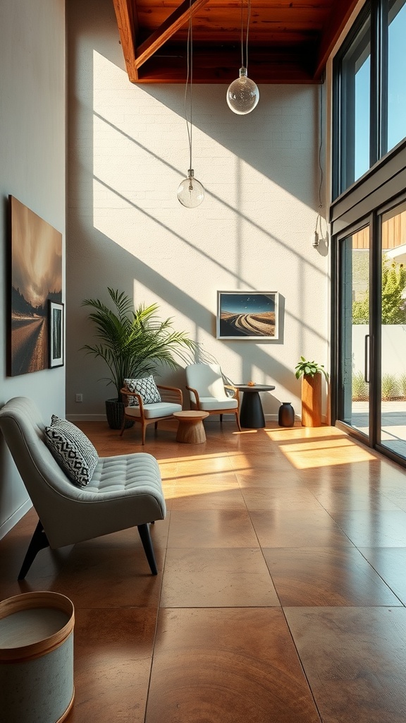 Bright entryway with warm-toned polished concrete flooring, cozy seating, and natural light.