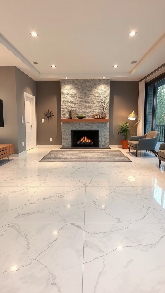 A cozy living room featuring warm tones, a modern fireplace, and sleek white and grey epoxy floors.