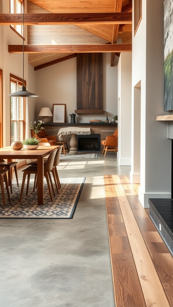 A modern living space featuring polished cement floors and wooden accents, creating a warm and inviting atmosphere.