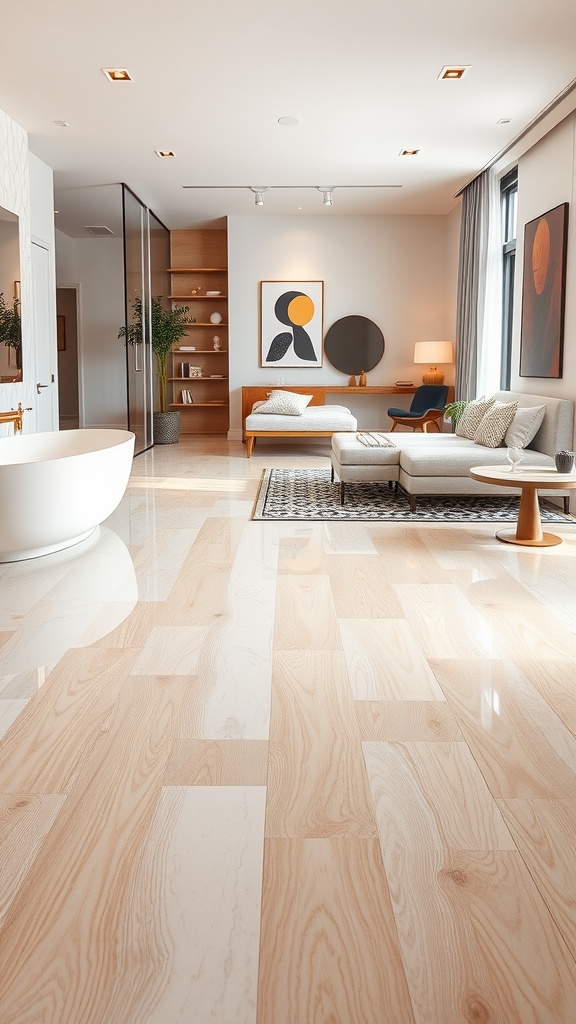 Living room with warm wood grain finish resin flooring