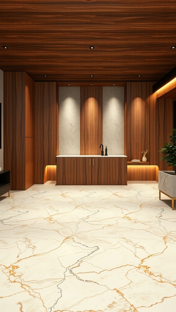 A luxurious interior featuring warm wooden cabinetry and a marble epoxy floor with golden veining.
