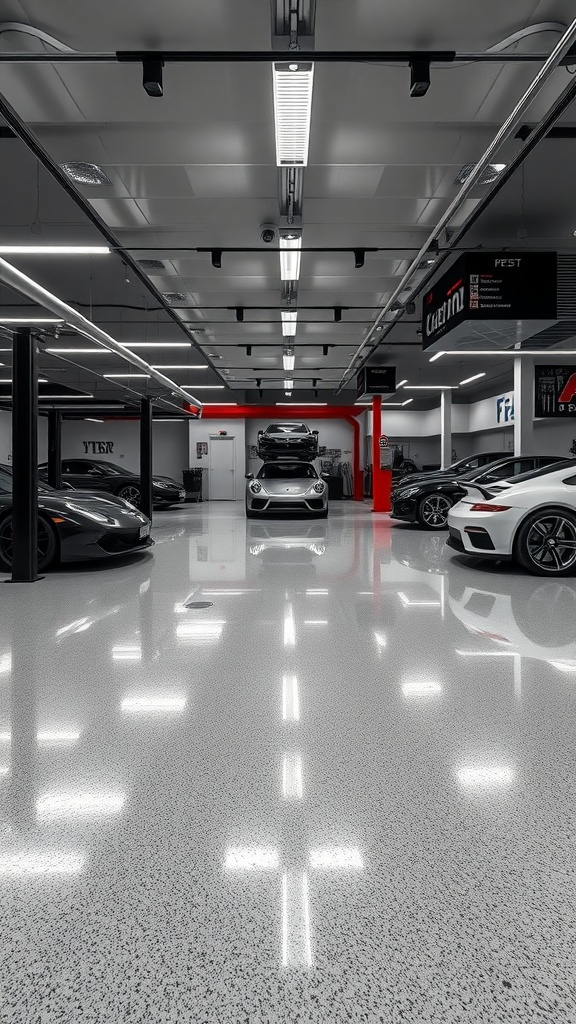 A luxury garage showcasing cars and a shiny water-resistant epoxy floor