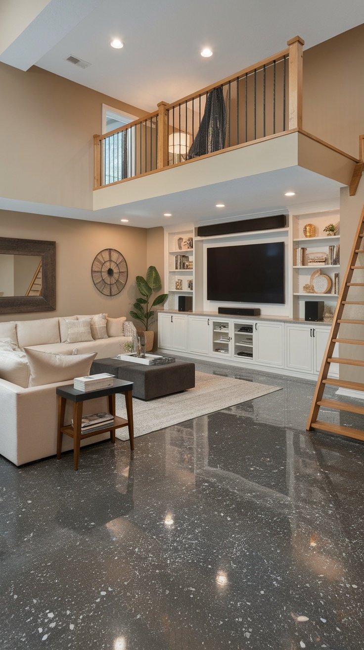 Stylish basement with a polished epoxy flake floor, featuring a cozy seating area and modern decor.