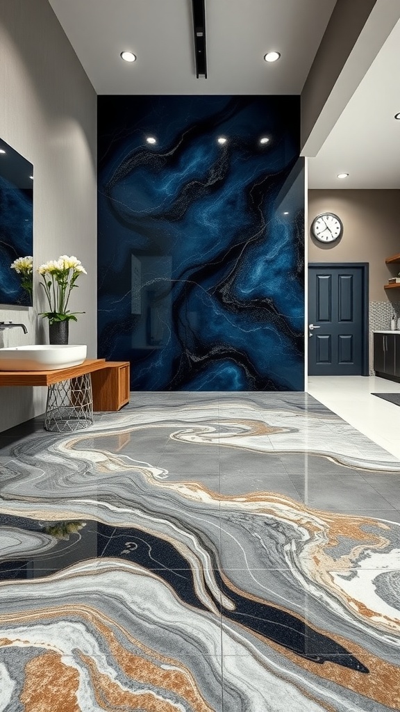 Modern bathroom featuring water-resistant epoxy flooring with stylish designs