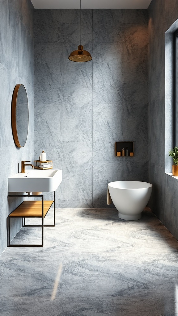 A stylish bathroom featuring a water-resistant epoxy floor with a flowing river design in vibrant colors.