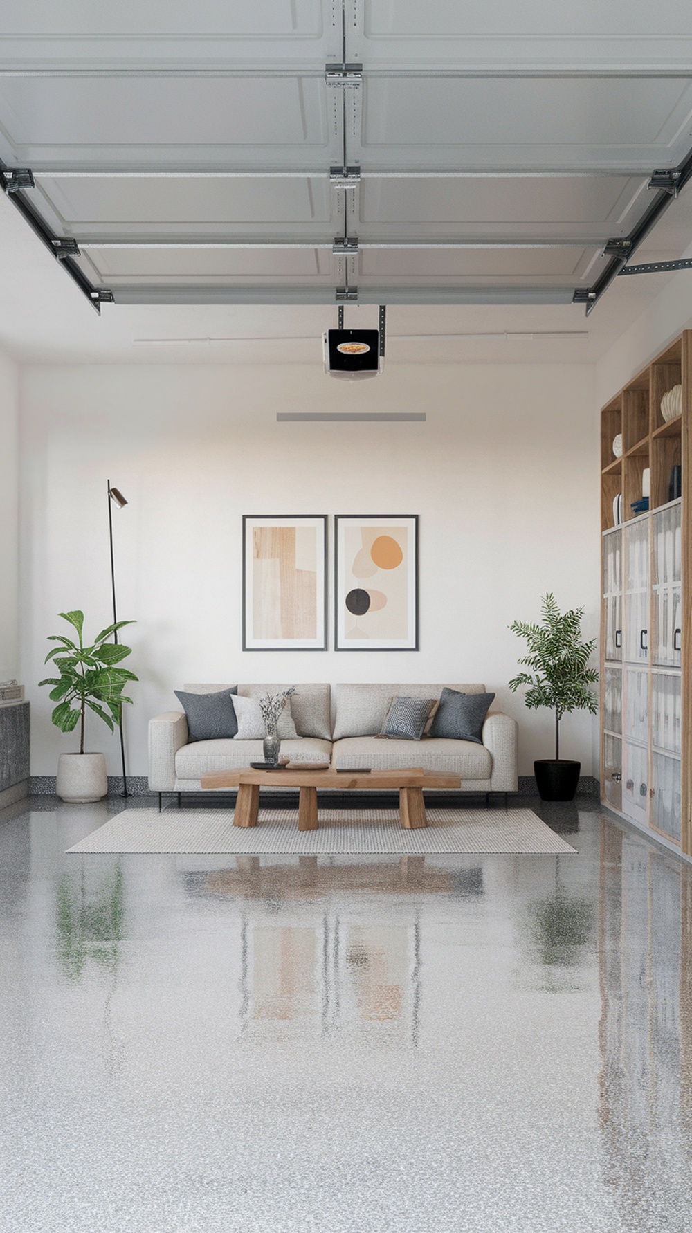A modern garage with a light-gray epoxy floor, featuring a cozy seating area and stylish decor.