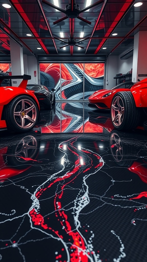 A modern garage featuring a striking red epoxy floor with a sleek design, showcasing two sports cars and vibrant decor.