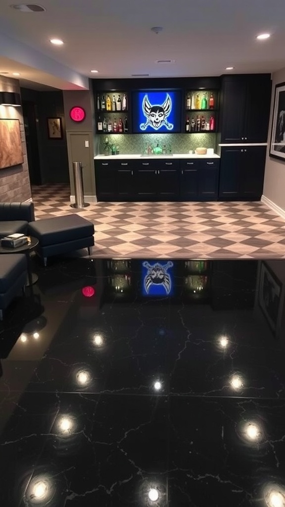 Stylish black epoxy flooring in a modern basement bar with reflective lighting.
