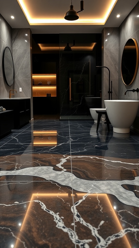 Luxurious black marble epoxy floor in a modern bathroom with sleek design