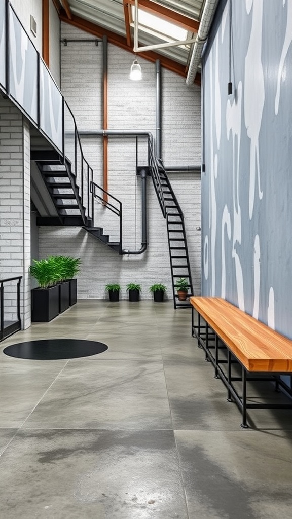 Interior space with a focus on polished concrete flooring and the word 'Water' displayed in large letters