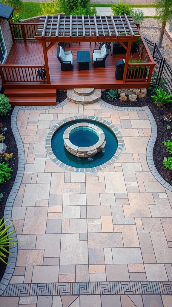 A beautiful stamped concrete patio featuring a circular water feature and a wooden deck.