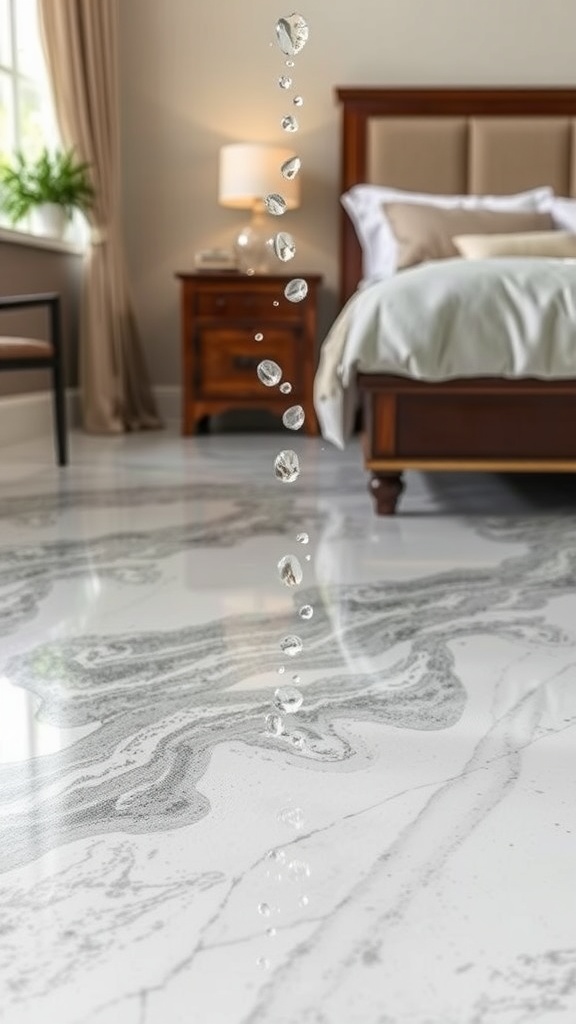 A bedroom with an epoxy floor showing water droplets and a clean, modern design.