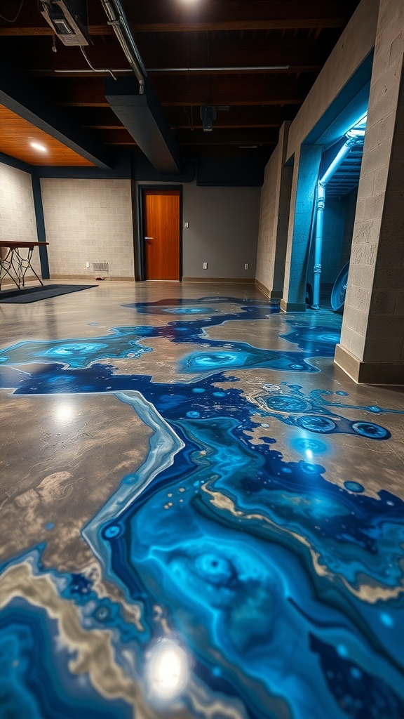 A beautifully designed epoxy floor that resembles flowing blue water, showcasing a modern interior space.