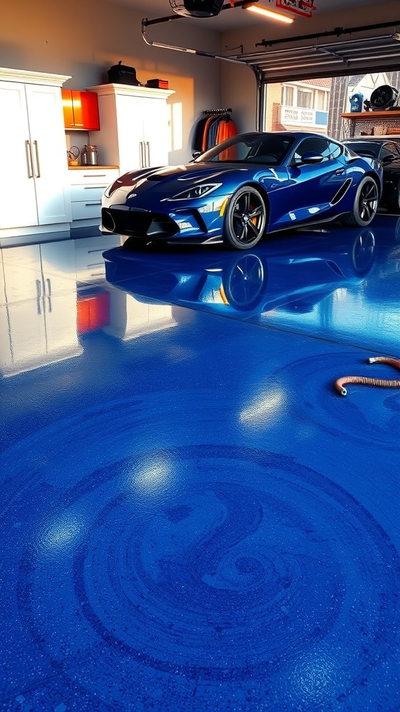 A garage featuring a glossy dark blue epoxy floor with a sleek car parked on it.