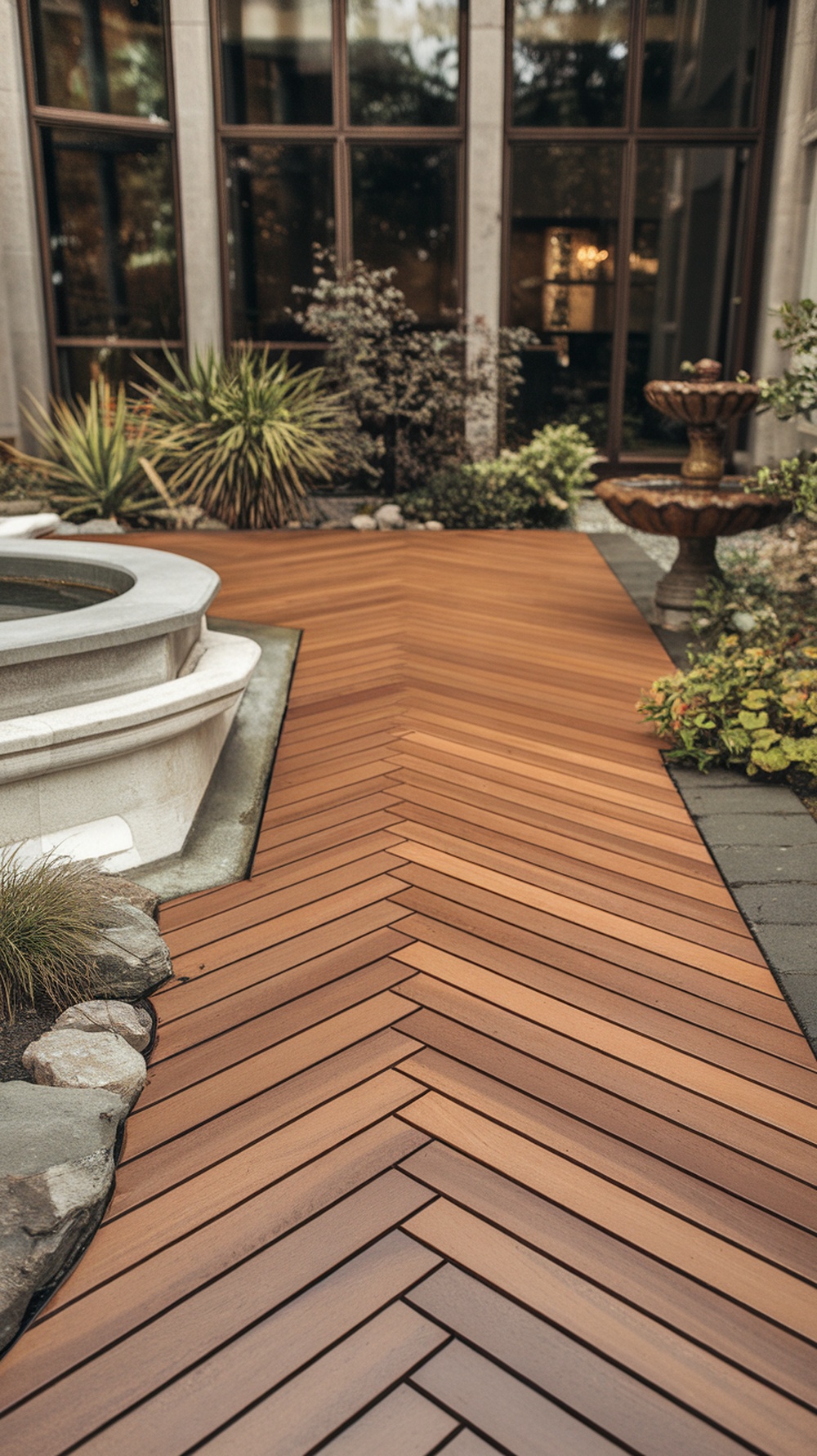 Herringbone pattern stamped concrete patio with wood grain finish surrounded by greenery