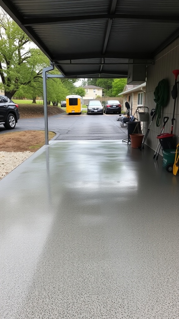 A stylish garage with a glossy epoxy floor featuring a logo design.
