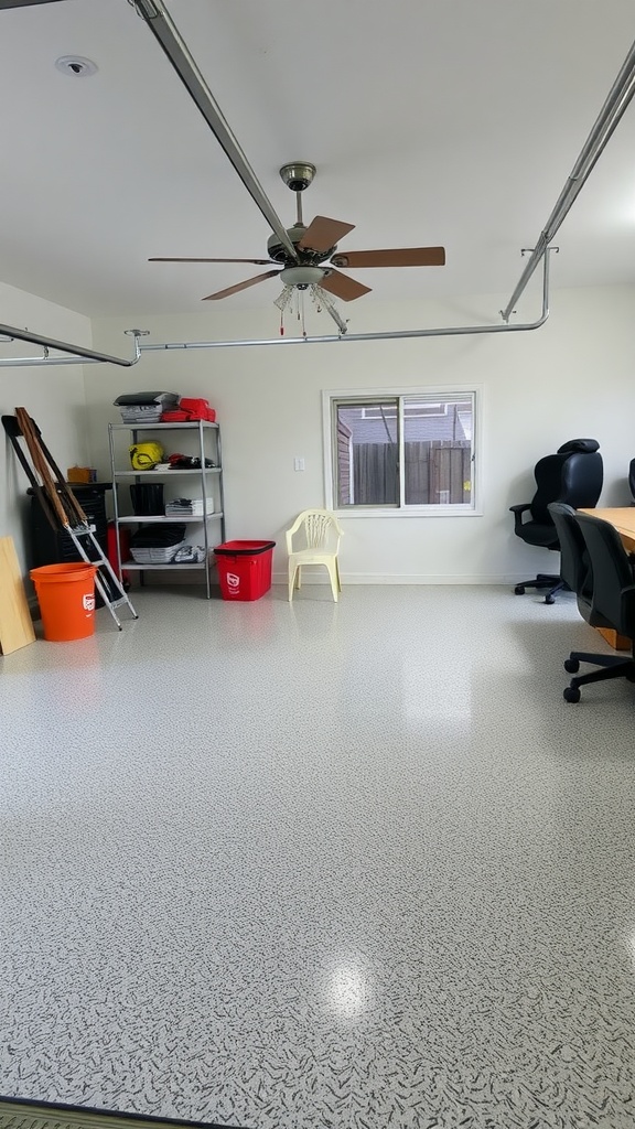 A garage with a polished epoxy floor and two cars parked inside, showcasing a modern and clean design.