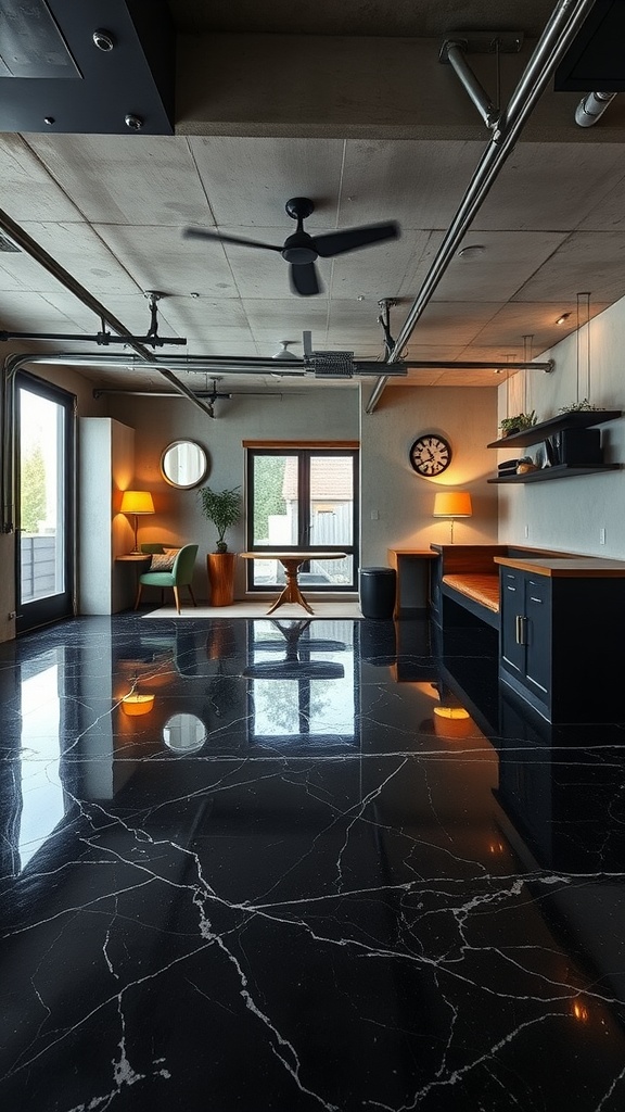 Modern basement with black epoxy floor and stylish decor