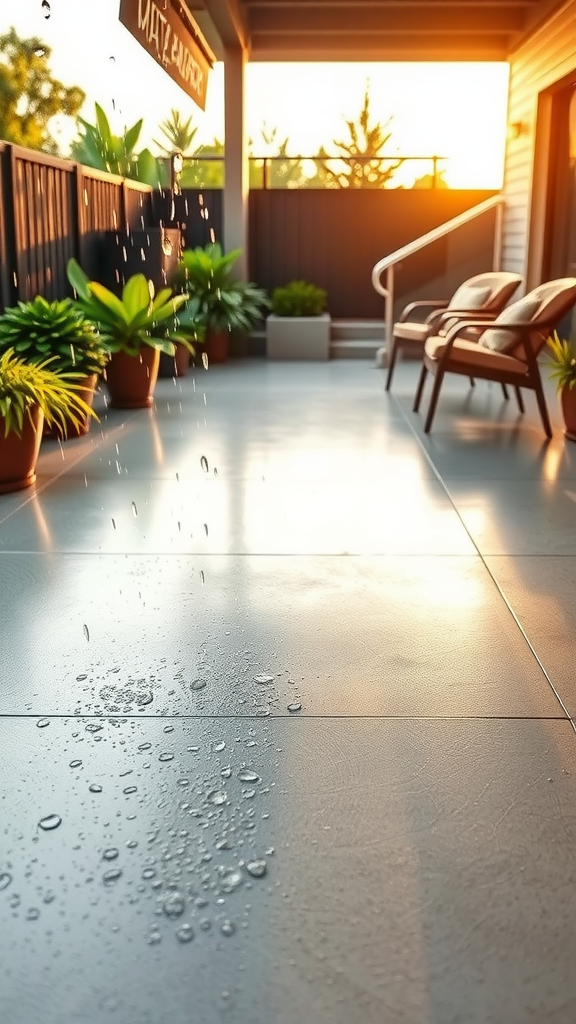 A wet epoxy floor reflecting sunlight in an outdoor space, surrounded by greenery.