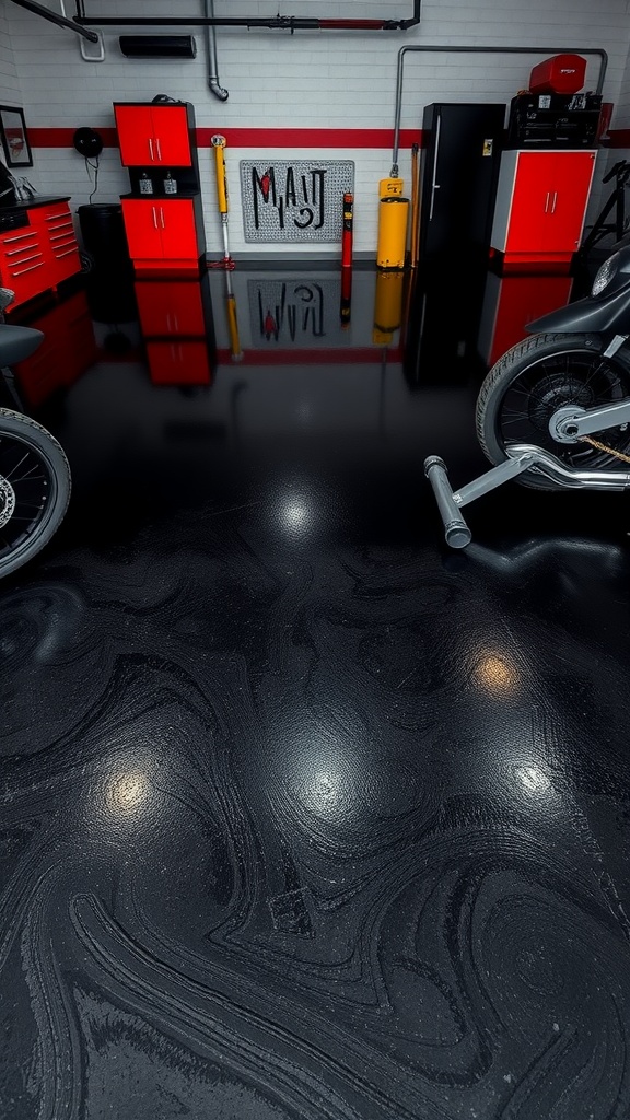 A modern garage with a shiny black epoxy floor, red cabinets, and industrial elements.