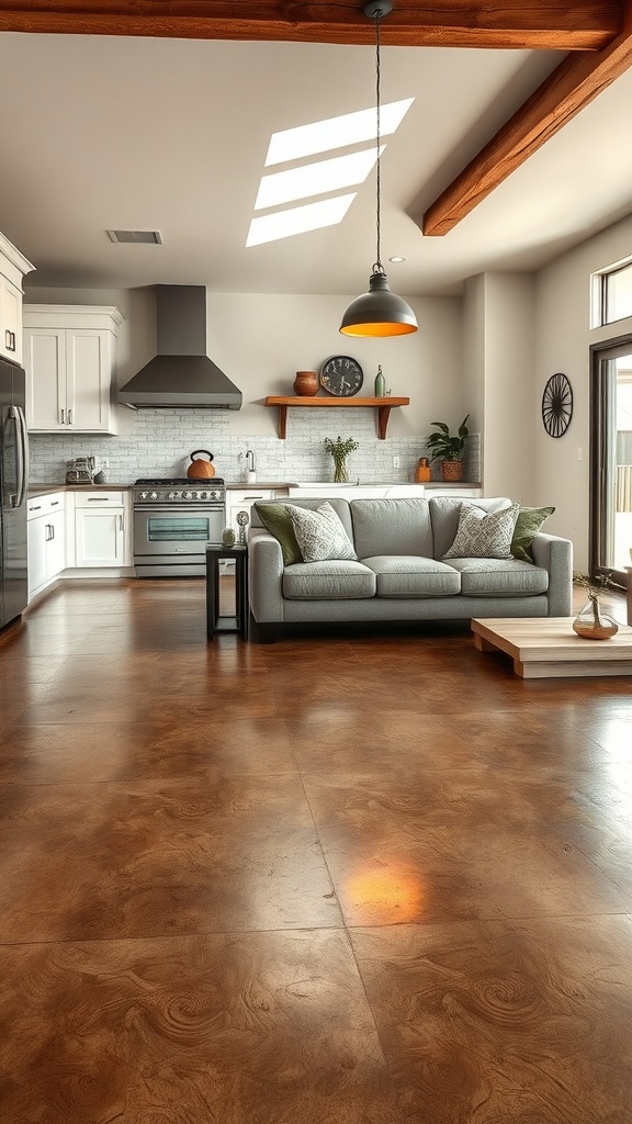 Living room with weathered stone epoxy floor, showcasing a cozy and modern design.