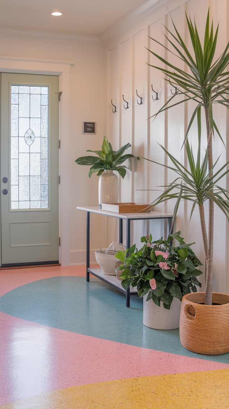 Brightly colored epoxy flake flooring in an entryway with plants and a table.