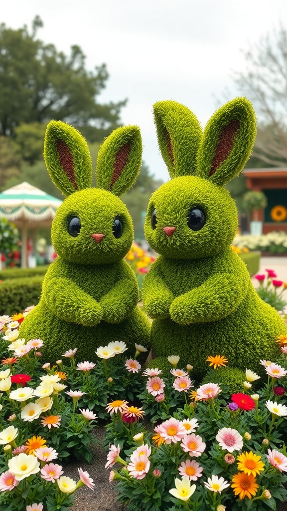 Two whimsical green bunny topiaries surrounded by colorful flowers.