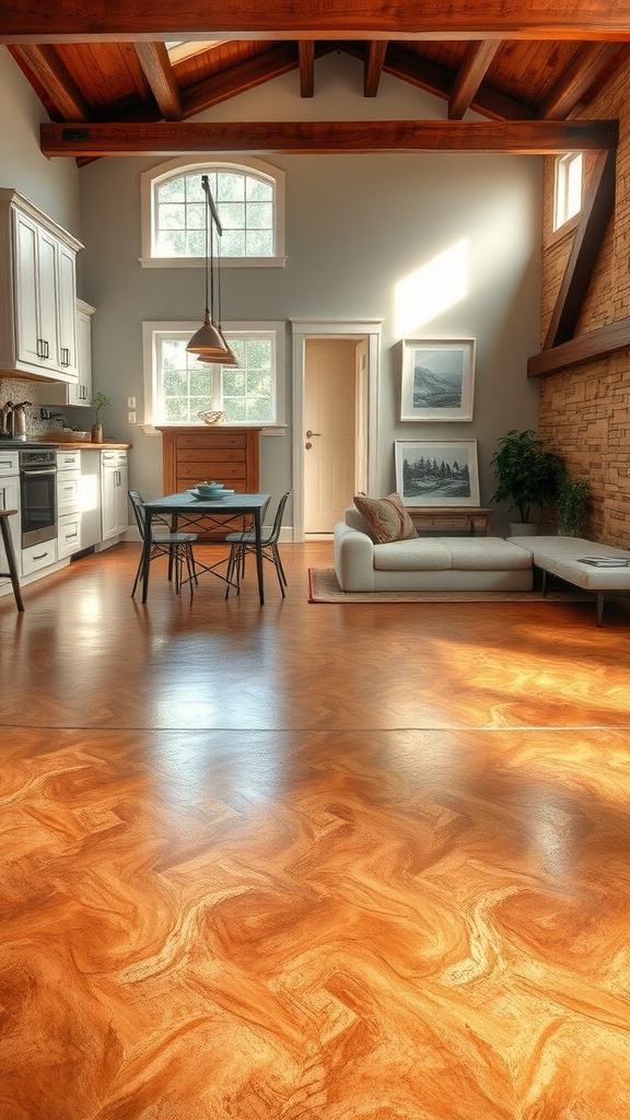 A cozy living room featuring a brown epoxy floor with a unique pattern, complemented by rustic wooden beams and modern kitchen elements.