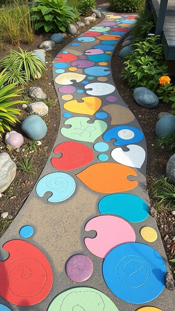 A whimsical epoxy pathway decorated with colorful stones, surrounded by charming house walls.