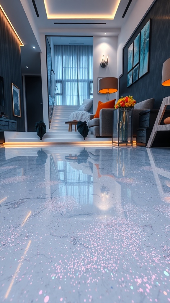 A beautifully designed room with shimmering epoxy flooring that resembles fairy dust, showcasing modern furniture and stylish decor.