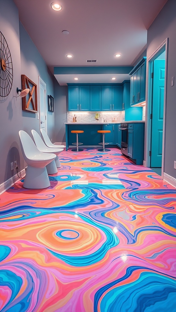 A colorful epoxy kitchen floor with swirling patterns in pink, blue, and orange, creating a whimsical atmosphere.