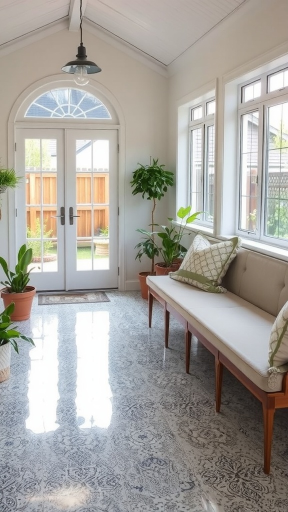 A living room featuring a whimsical floral epoxy floor design with bright colors and a modern aesthetic.