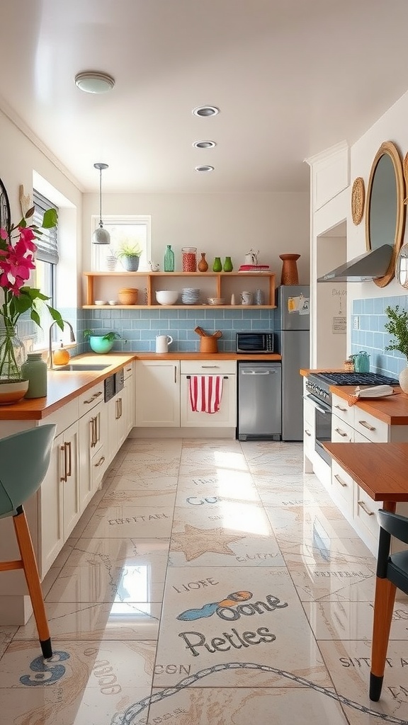 A modern kitchen with whimsical patterned epoxy floors, featuring vibrant colors and a stylish kitchen island.