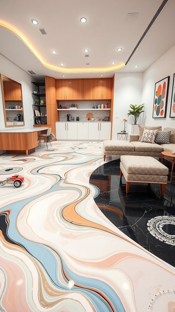A beautifully designed room featuring whimsical swirl patterns in epoxy flooring, showcasing soft blues, oranges, and whites.