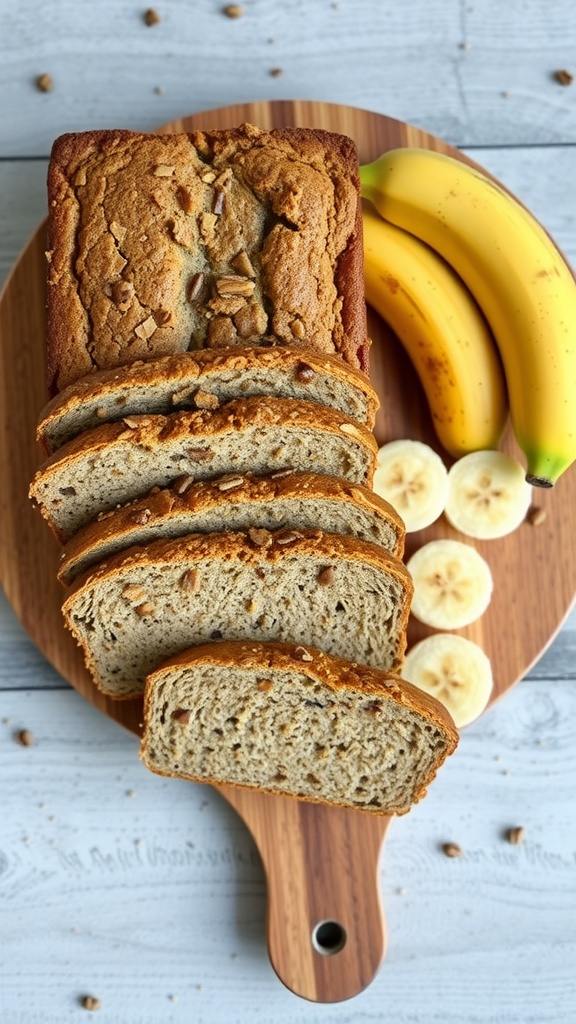 A loaf of whole wheat banana bread sliced, with whole bananas and banana slices beside it.